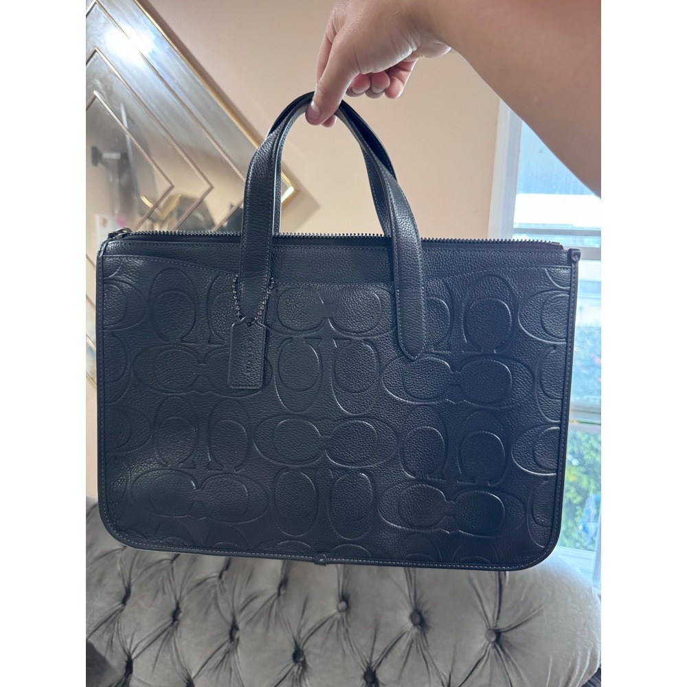 Coach Metropolitan Slim Briefcase Black Signature Debossed Leather C2580